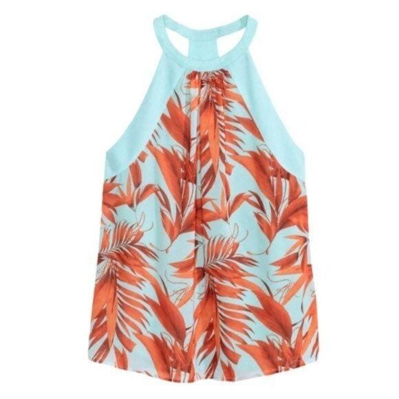 H&M Chiffon Halter Tank Top Tropical Palm Leaf Print Aqua Orange 6 Small - Picture 2 of 10